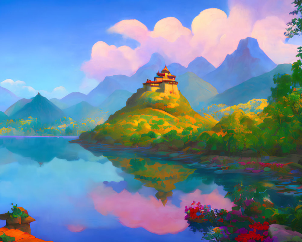 Serene lake with hilltop temple in vibrant landscape