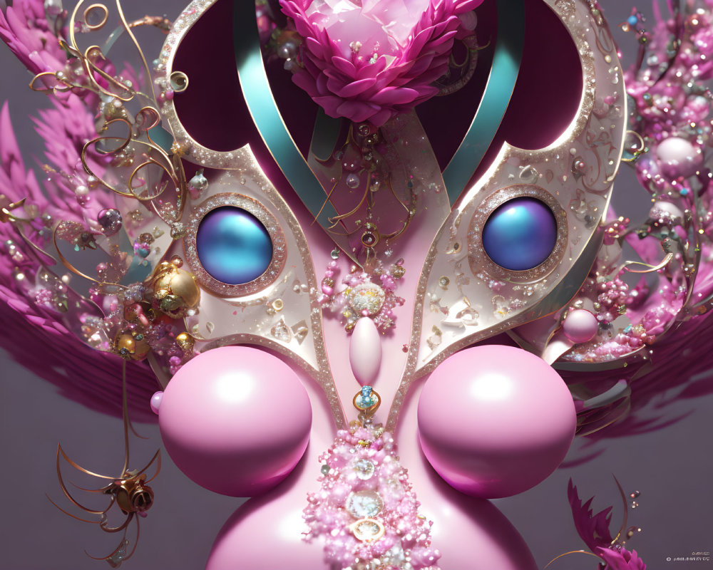 Surreal 3D Artwork: Jewel-like Character with Pink, Golden, and Blue Details