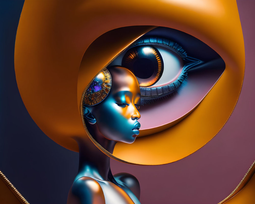 Surreal image of stylized female figure with blue skin and oversized eye headpiece