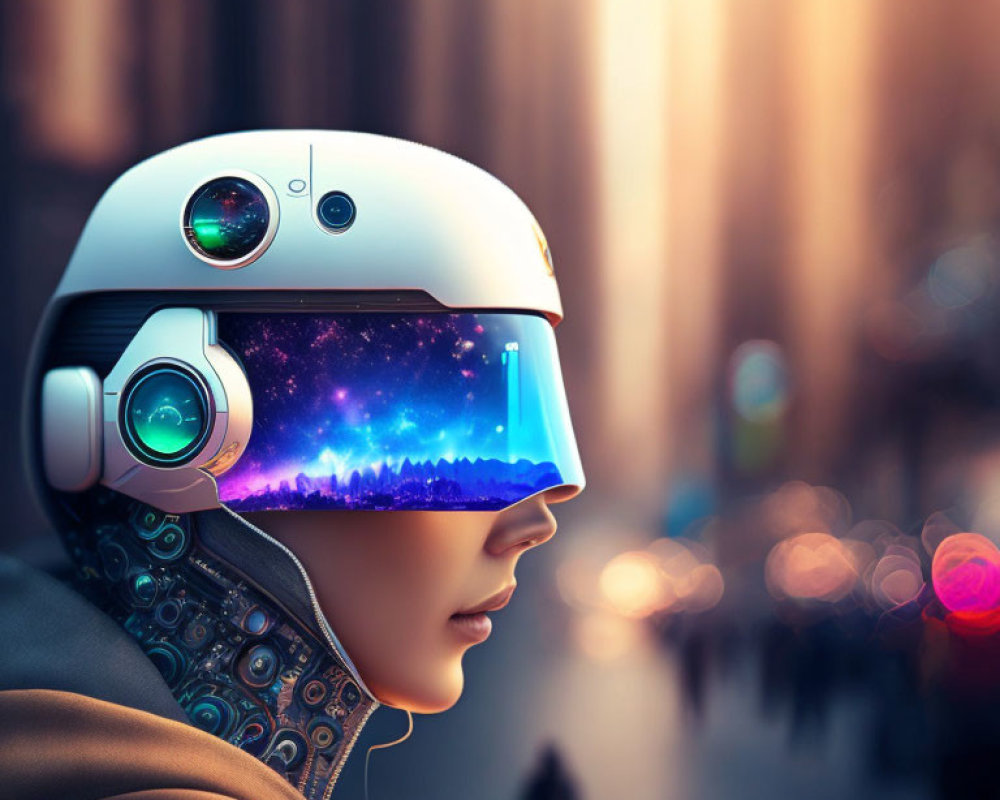 Futuristic helmet with cosmic scene visor on person in urban setting