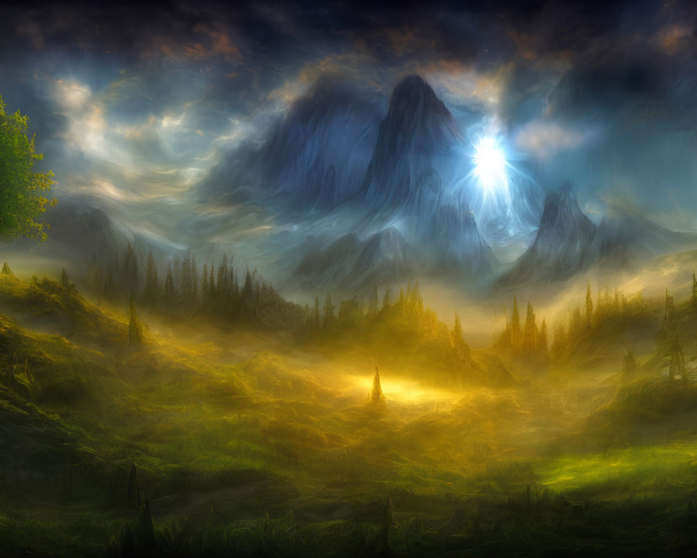 Mystical landscape with green fields, towering peaks, and celestial sky