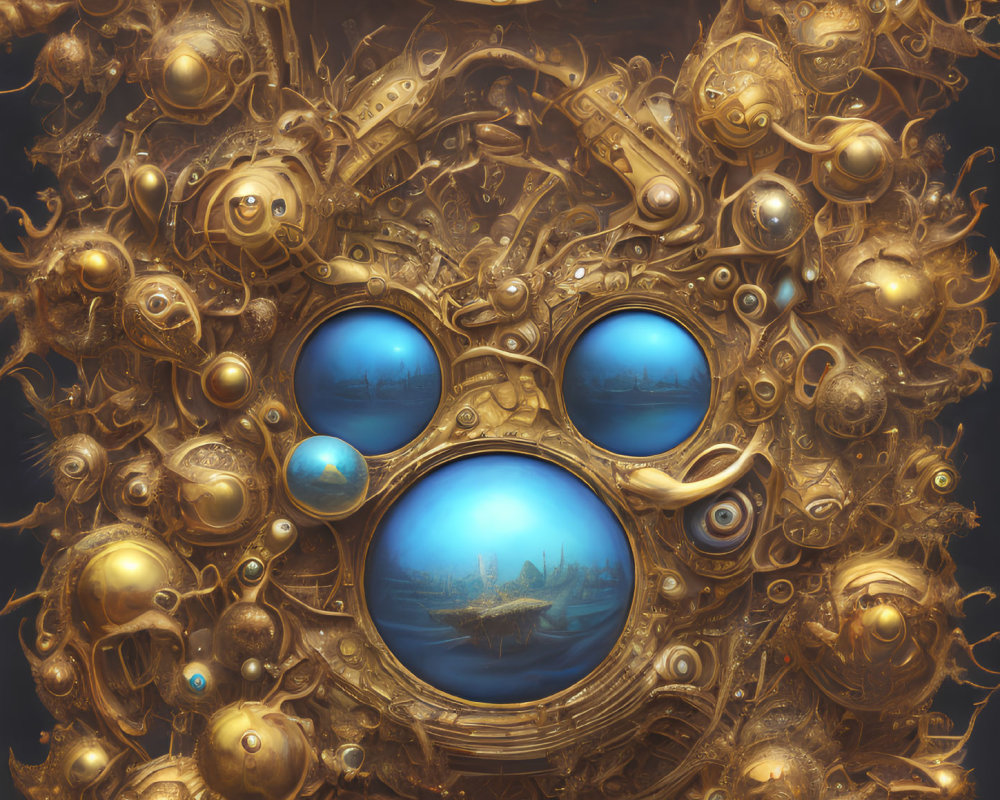 Detailed Steampunk Artwork with Golden Gears and Circular Windows