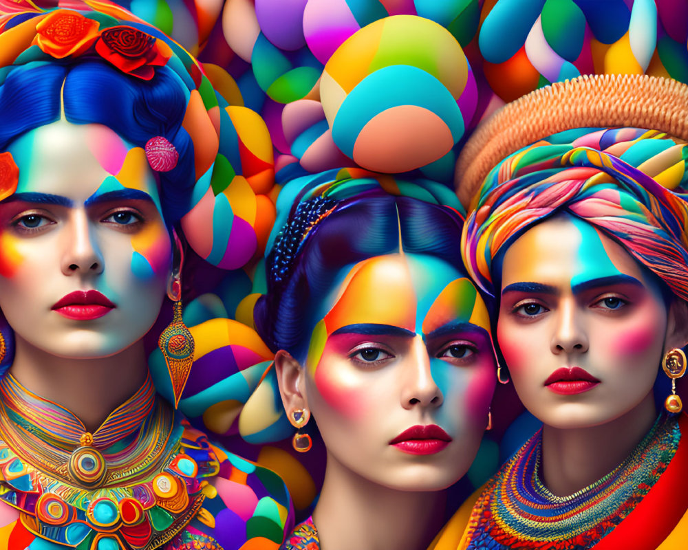 Colorful digital artwork: Three identical women with vibrant makeup and headdresses against multicolored spheres