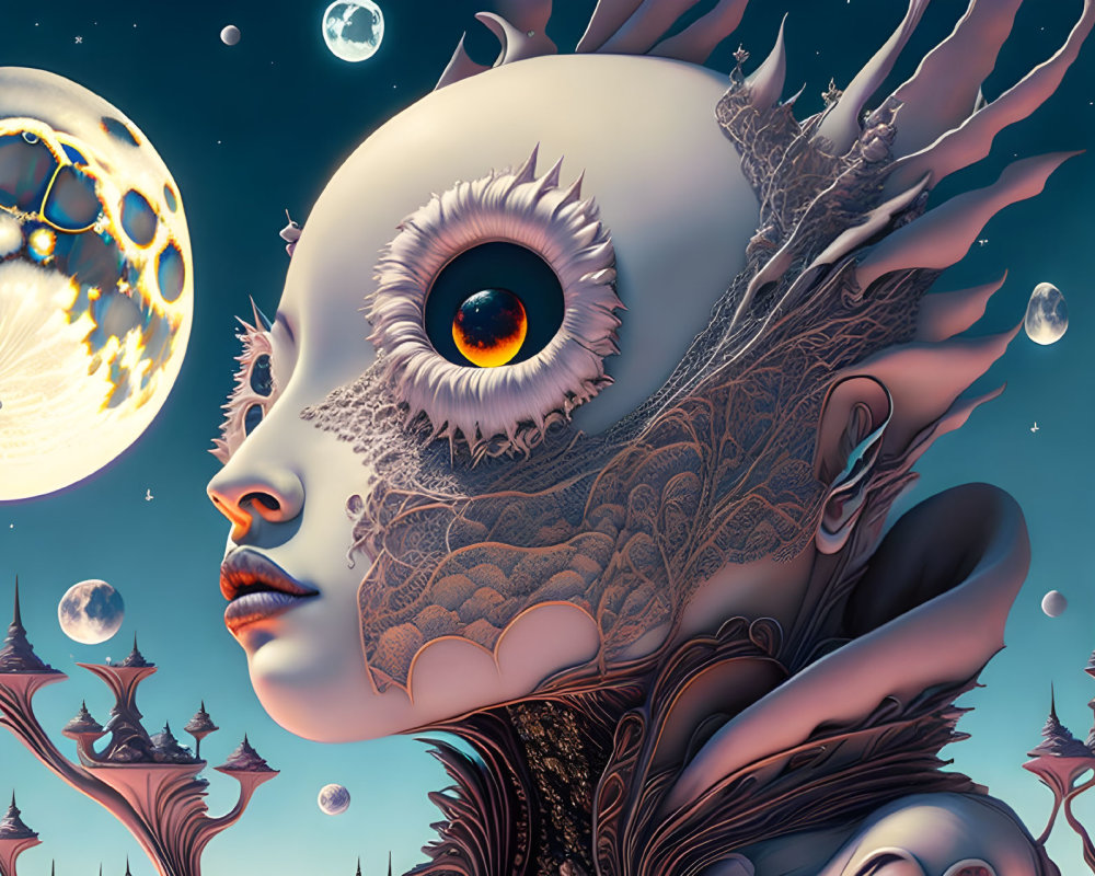 Surreal digital artwork of female figure with oversized eye and ornate textures, moons, floating islands