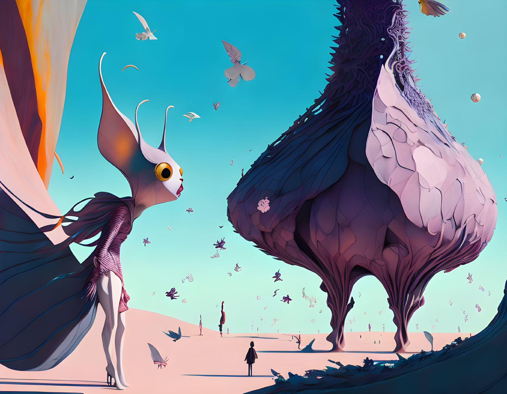 Vibrant surreal landscape: peacock, butterfly-winged humanoid, butterflies.