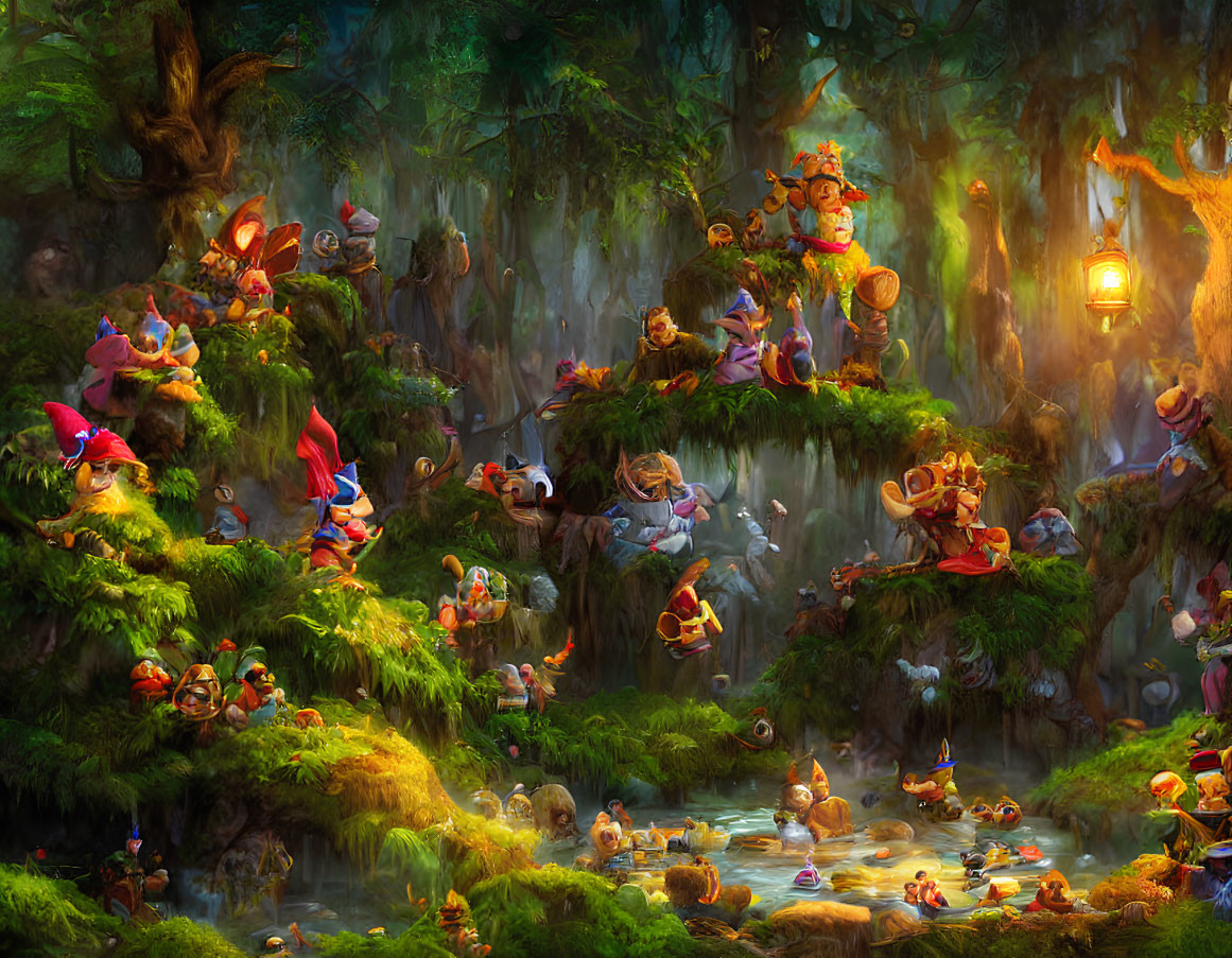 Enchanting forest scene with whimsical creatures and serene water body