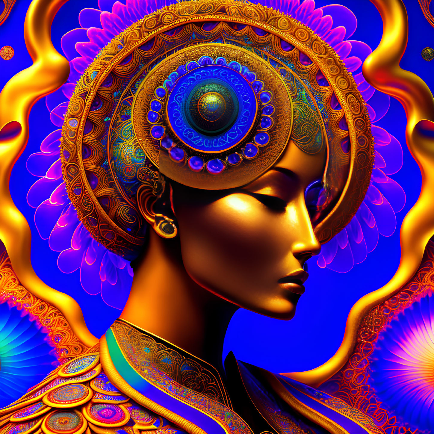 Colorful digital artwork: stylized woman with golden headpiece on blue background