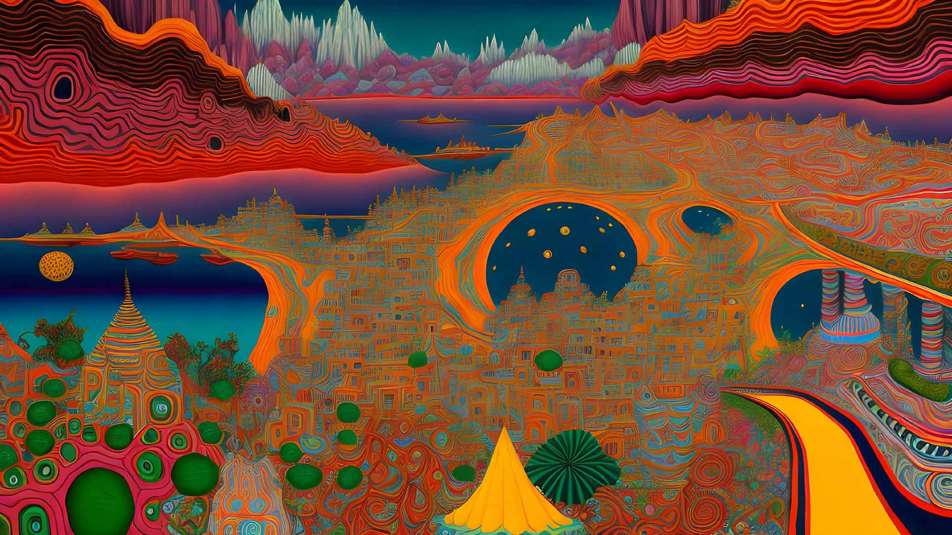 Colorful Psychedelic Landscape with Cityscape and Celestial Objects