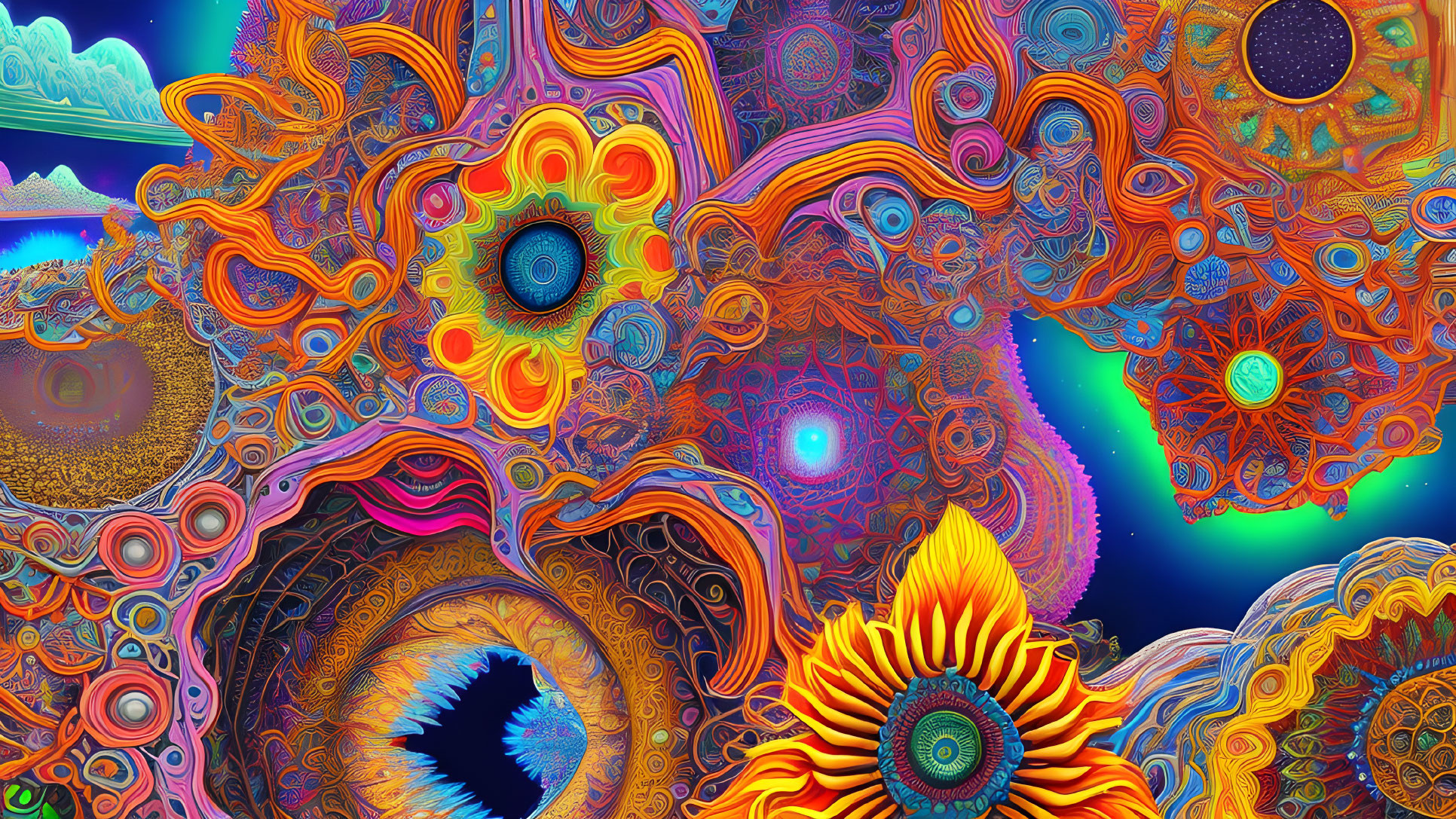 Colorful Psychedelic Artwork with Floral and Abstract Patterns