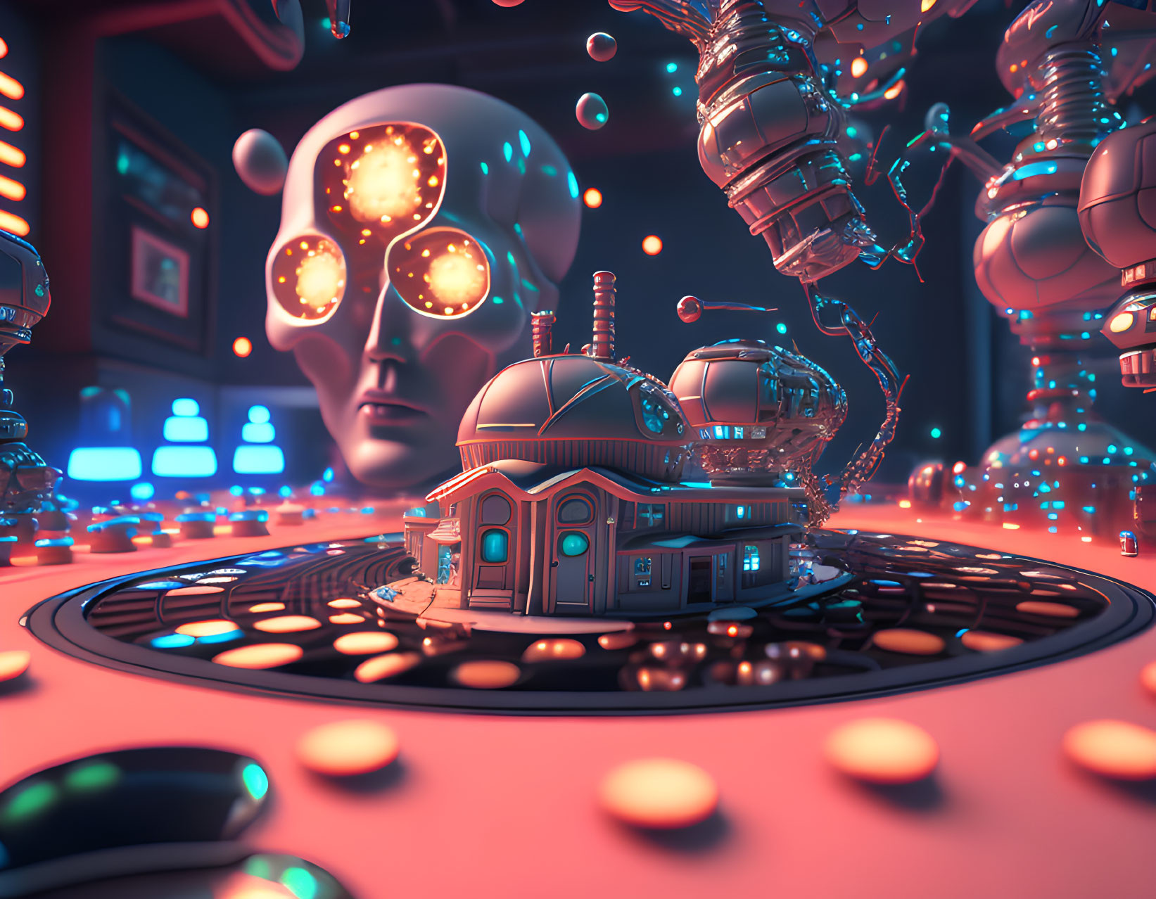 Futuristic robotic head, glowing orbs, and mini sci-fi city on neon-lit backdrop