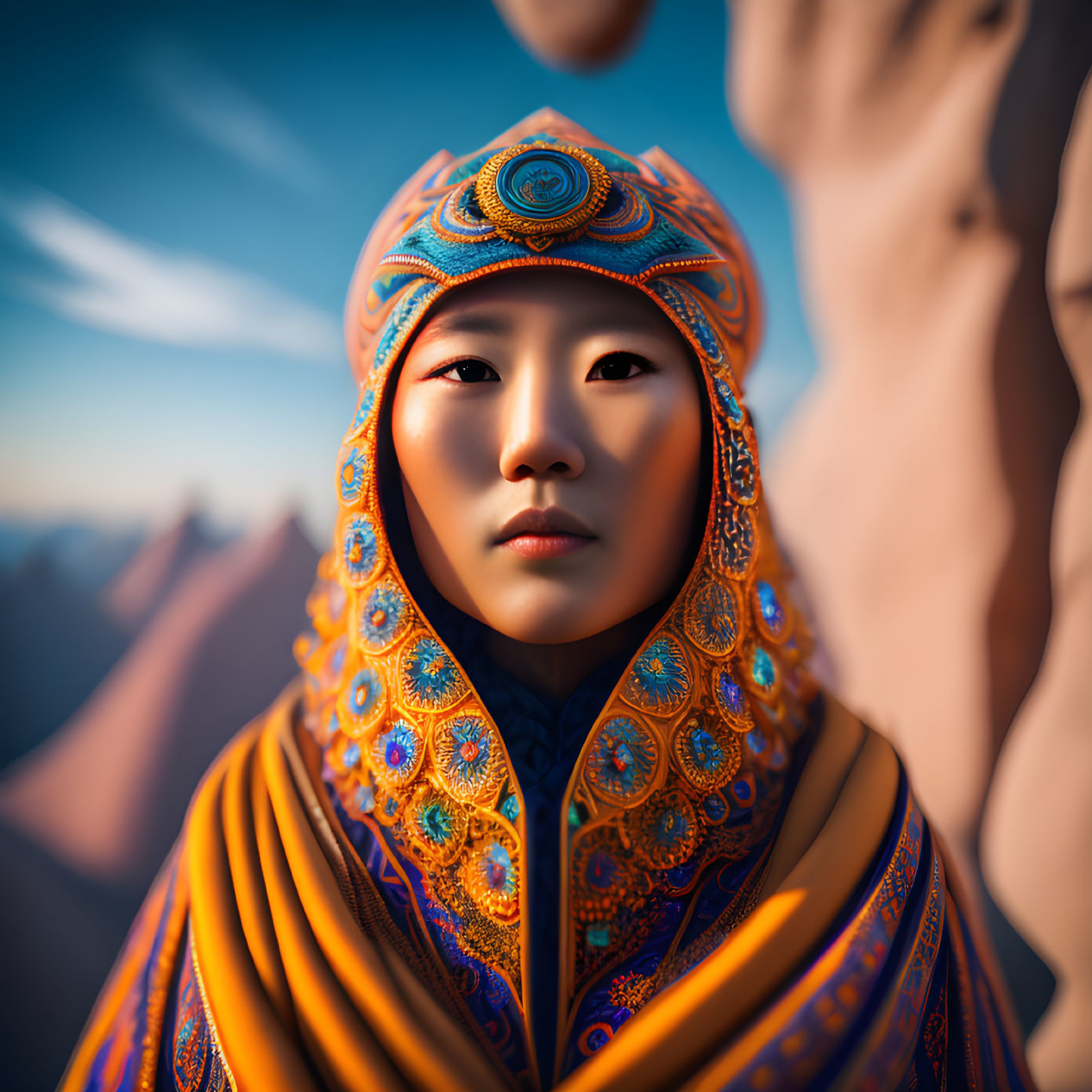 Portrait of person with East Asian features in blue and orange garment against desert backdrop at sunrise/sunset.