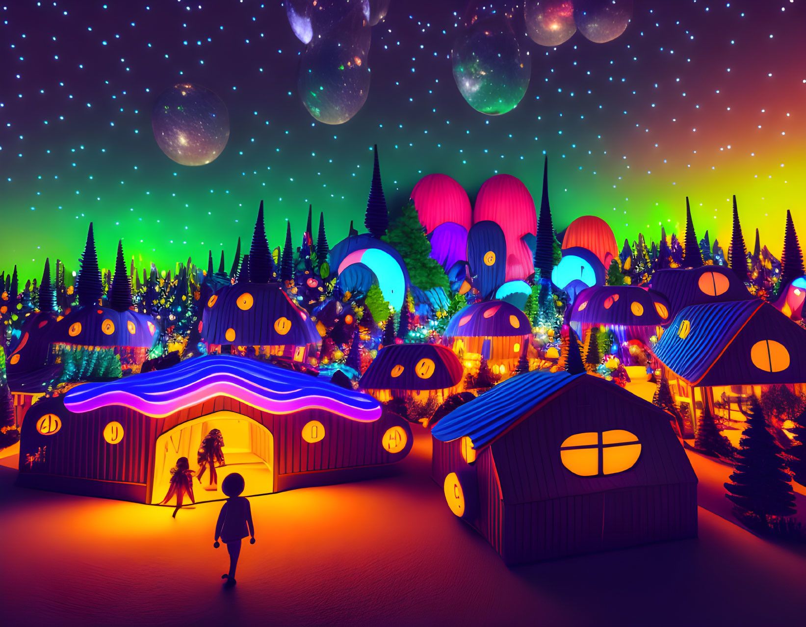 Vibrant fantasy village scene: glowing buildings, starry sky, floating orbs, silhouet