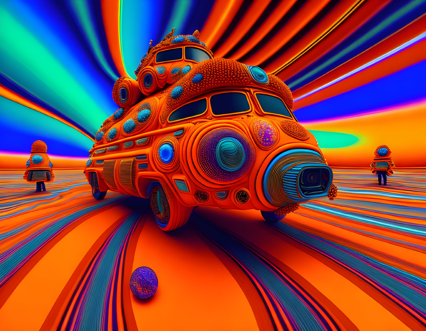 Colorful Abstract Art: Multidimensional Orange-Blue Bus with Circular Patterns