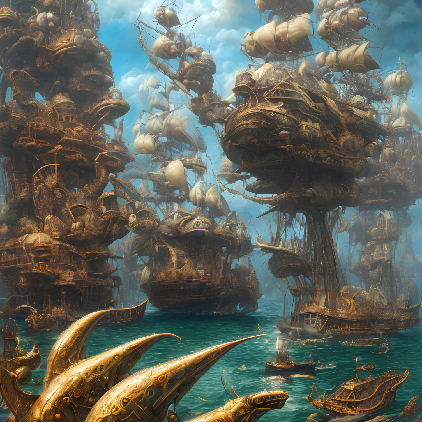 Steampunk-style floating city with airborne ships over tranquil sea