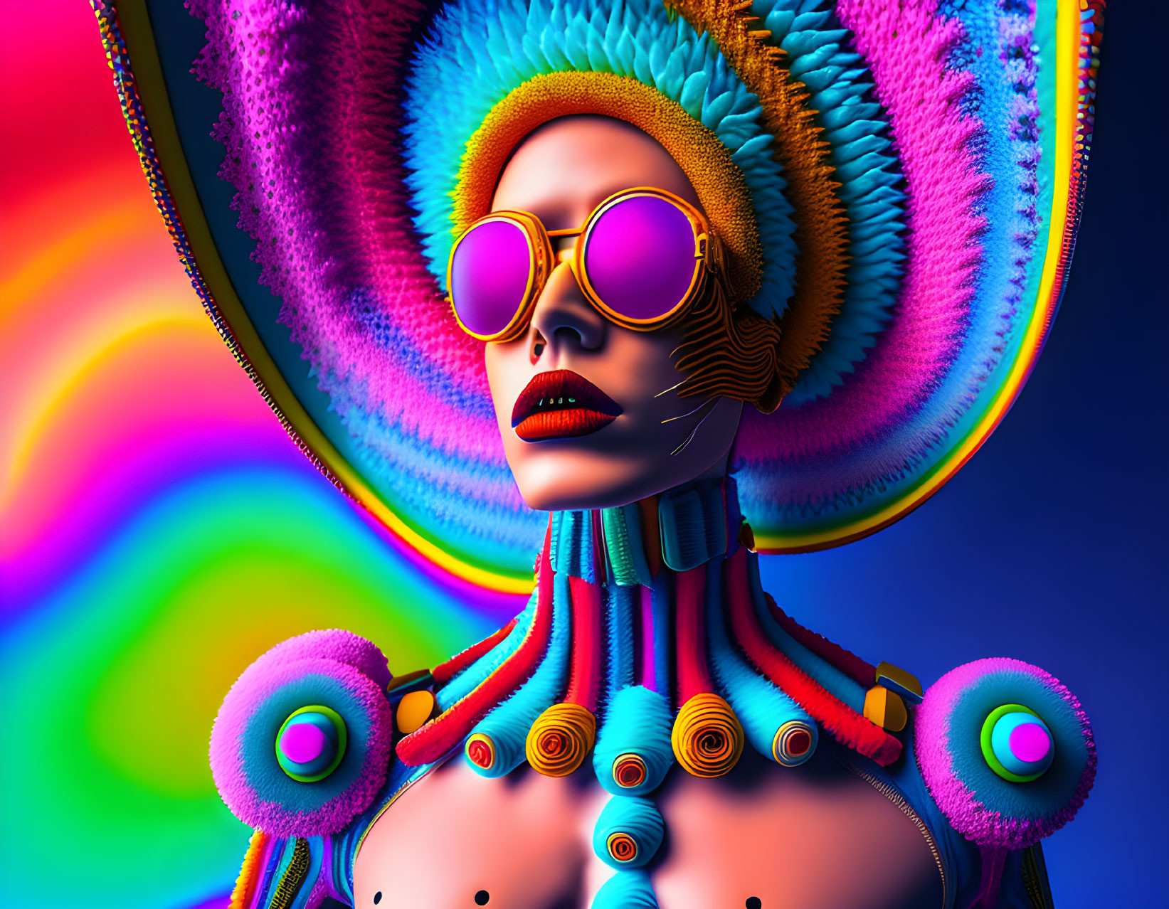 Colorful digital artwork of stylized female figure with headgear and sunglasses
