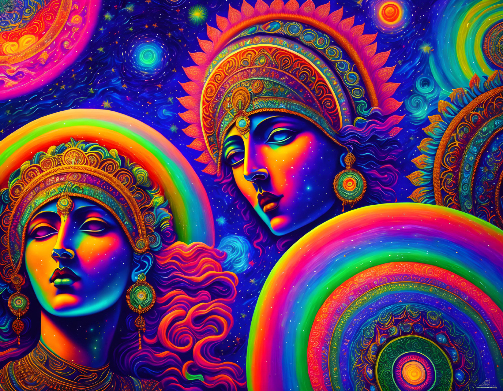 Colorful Psychedelic Artwork: Two Faces, Intricate Patterns, Celestial Motifs