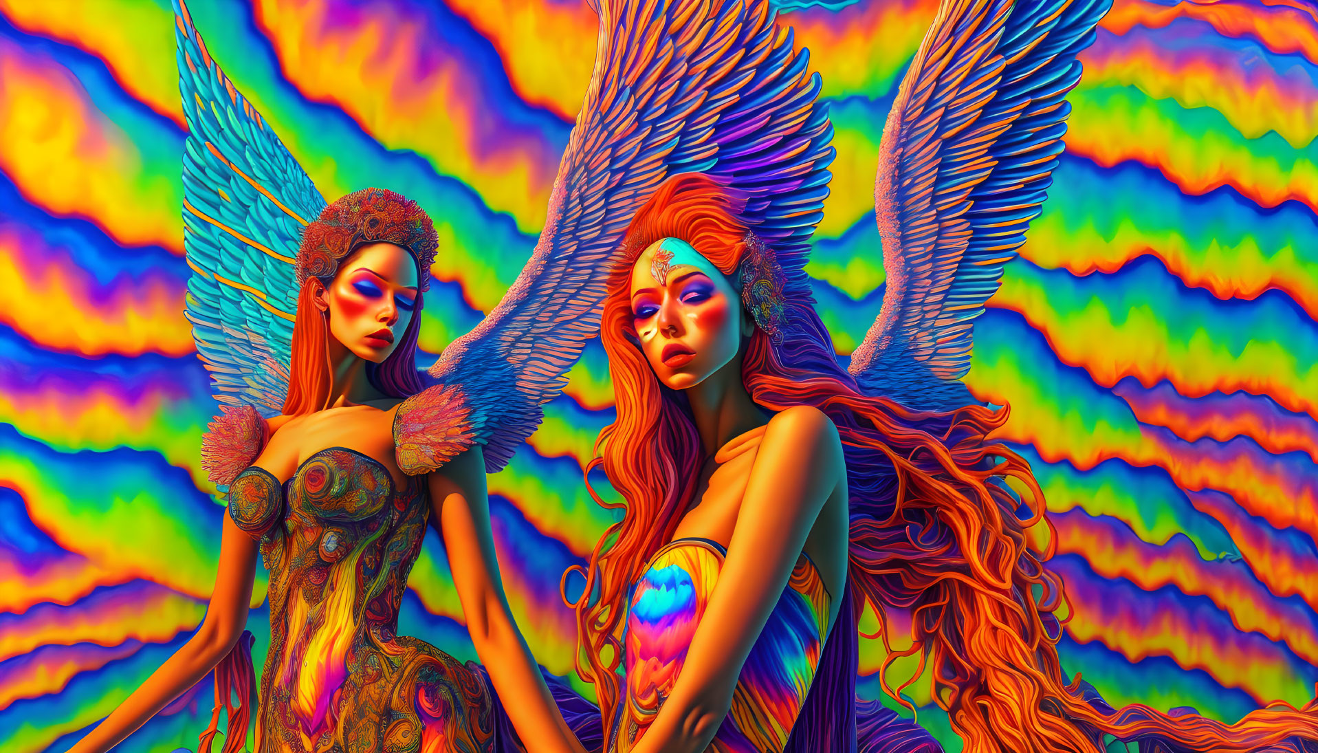 Colorful Psychedelic Backdrop with Vibrant Winged Figures