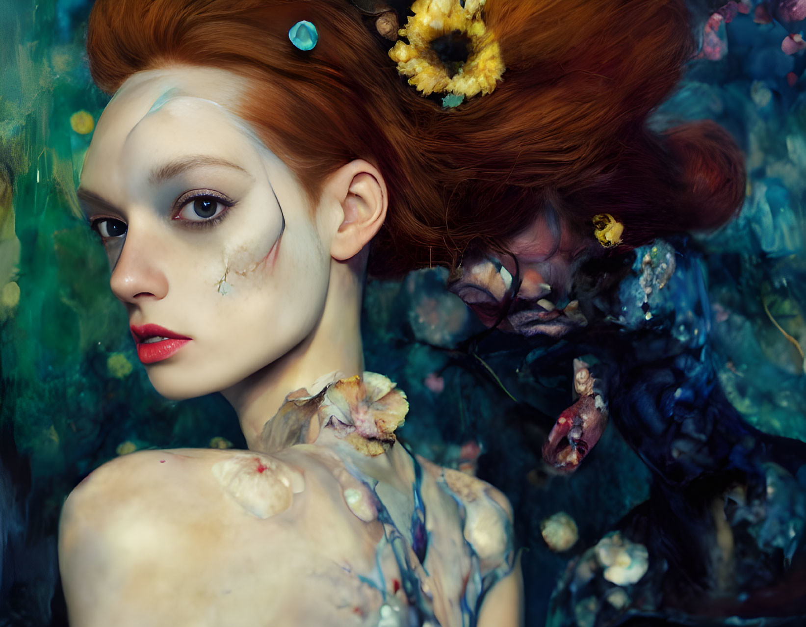 Red-haired woman with floral hair, artistic makeup, and submerged in water with flowers.