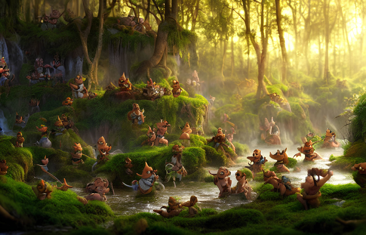 Whimsical forest scene at sunrise with animated creatures and lush greenery