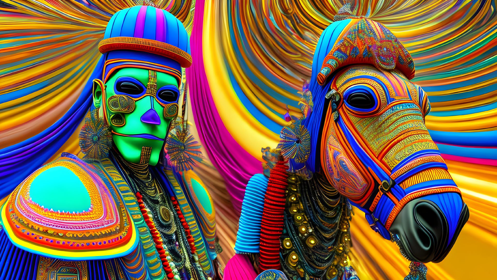 Vibrant digital art: stylized figure and horse-like creature with intricate patterns