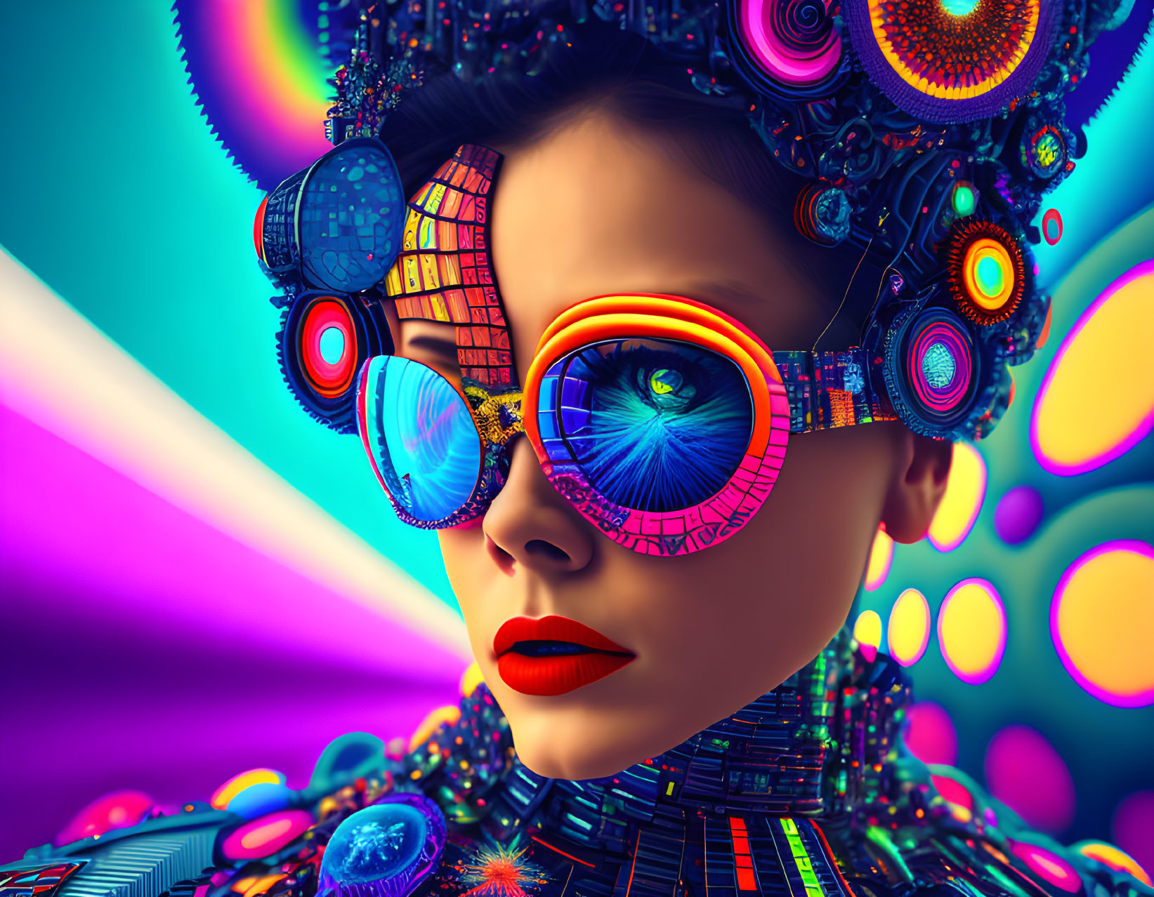 Colorful digital art of woman with futuristic glasses and headgear in neon-lit setting