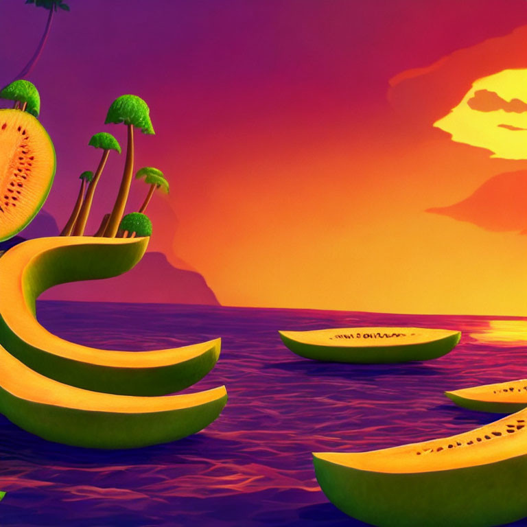 Sliced watermelon boats on purple sea with banana palm trees