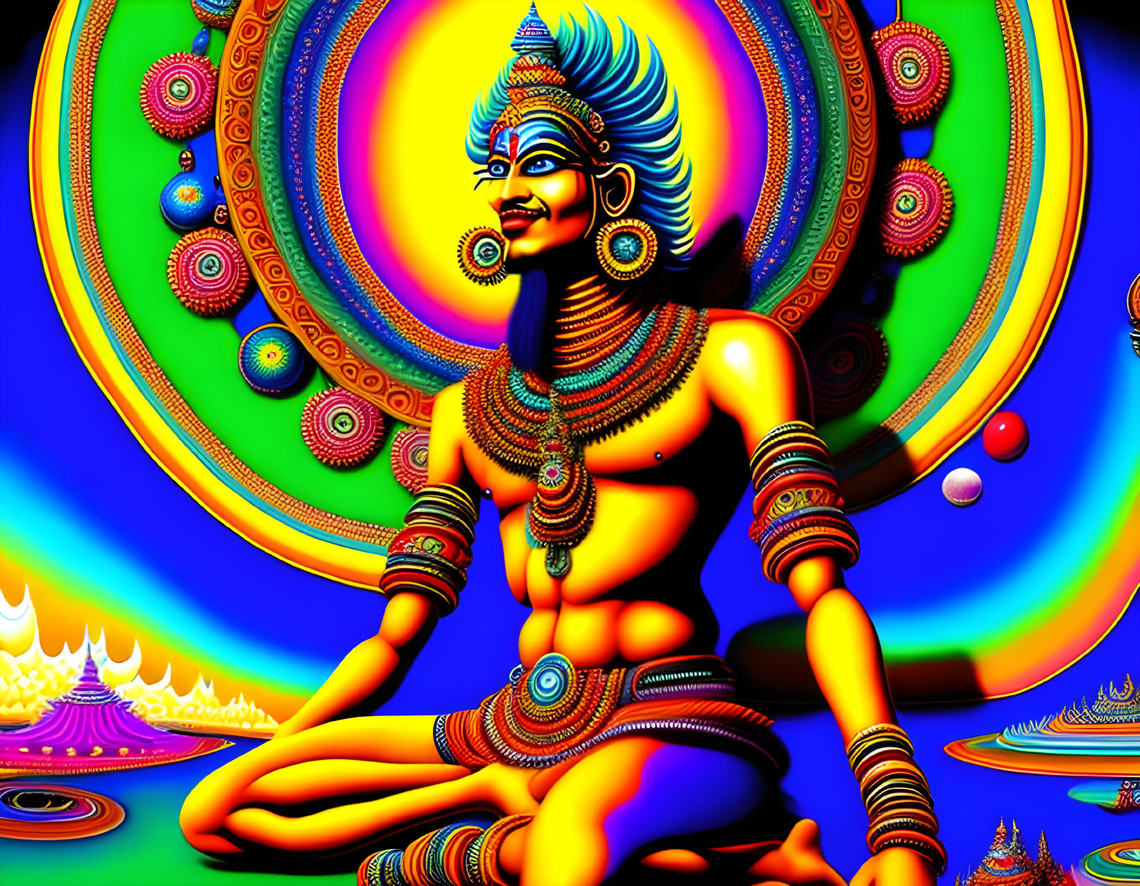Colorful deity with multiple arms in meditative pose on psychedelic background