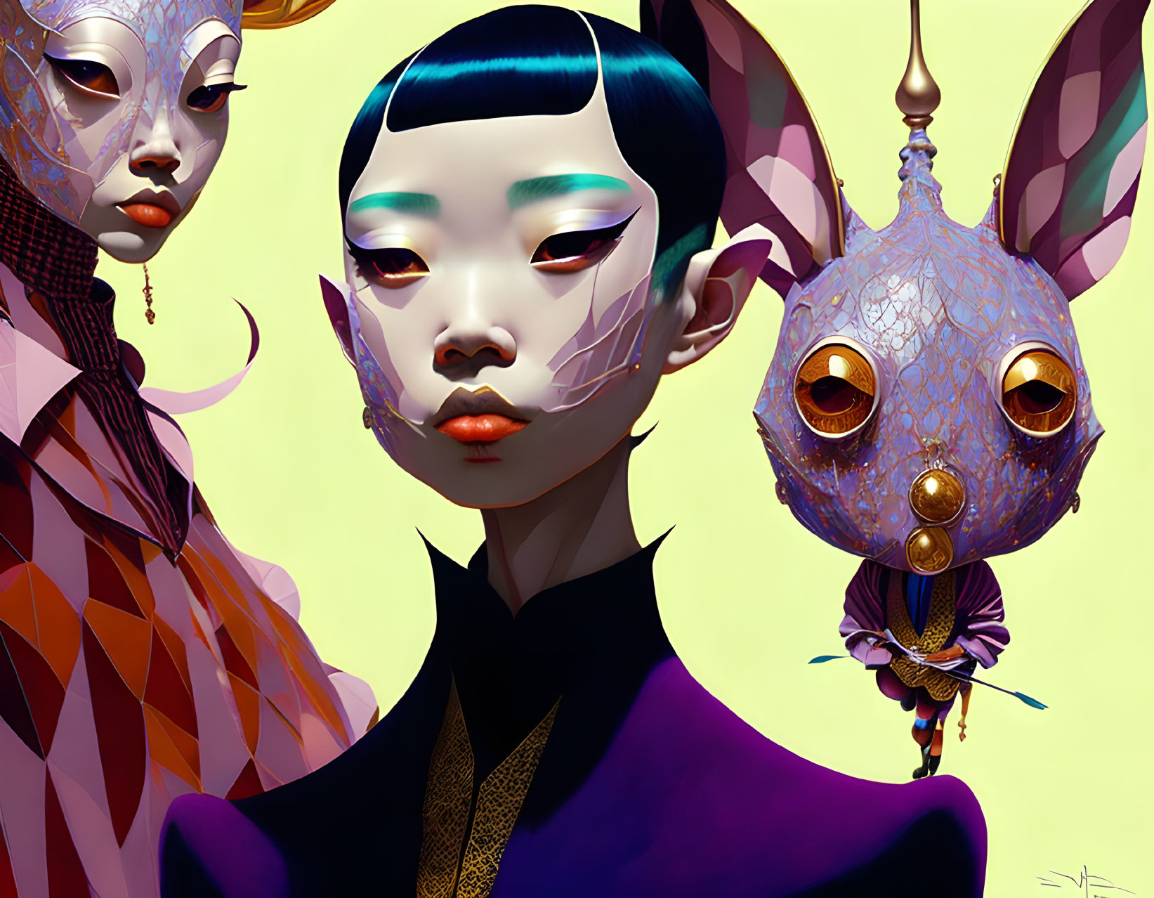 Stylized female figures with elaborate face paint and whimsical creature