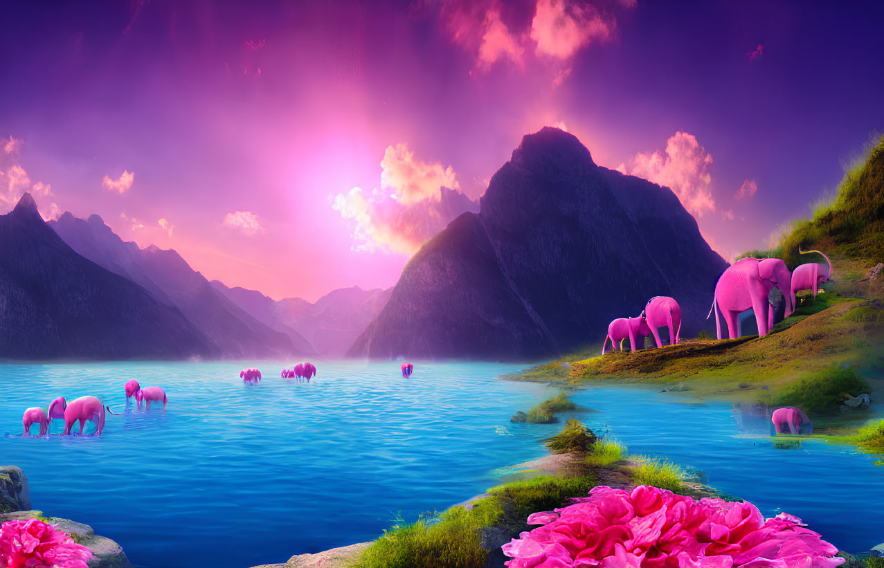 Surreal landscape: Pink elephants by lake, mountains, purple sunset