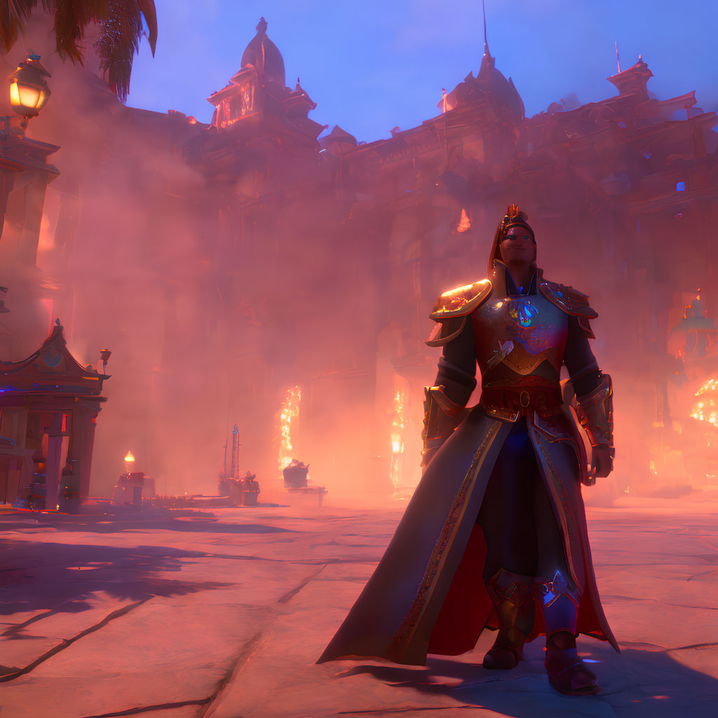 Mystical cityscape with regal figure in ornate armor at dusk