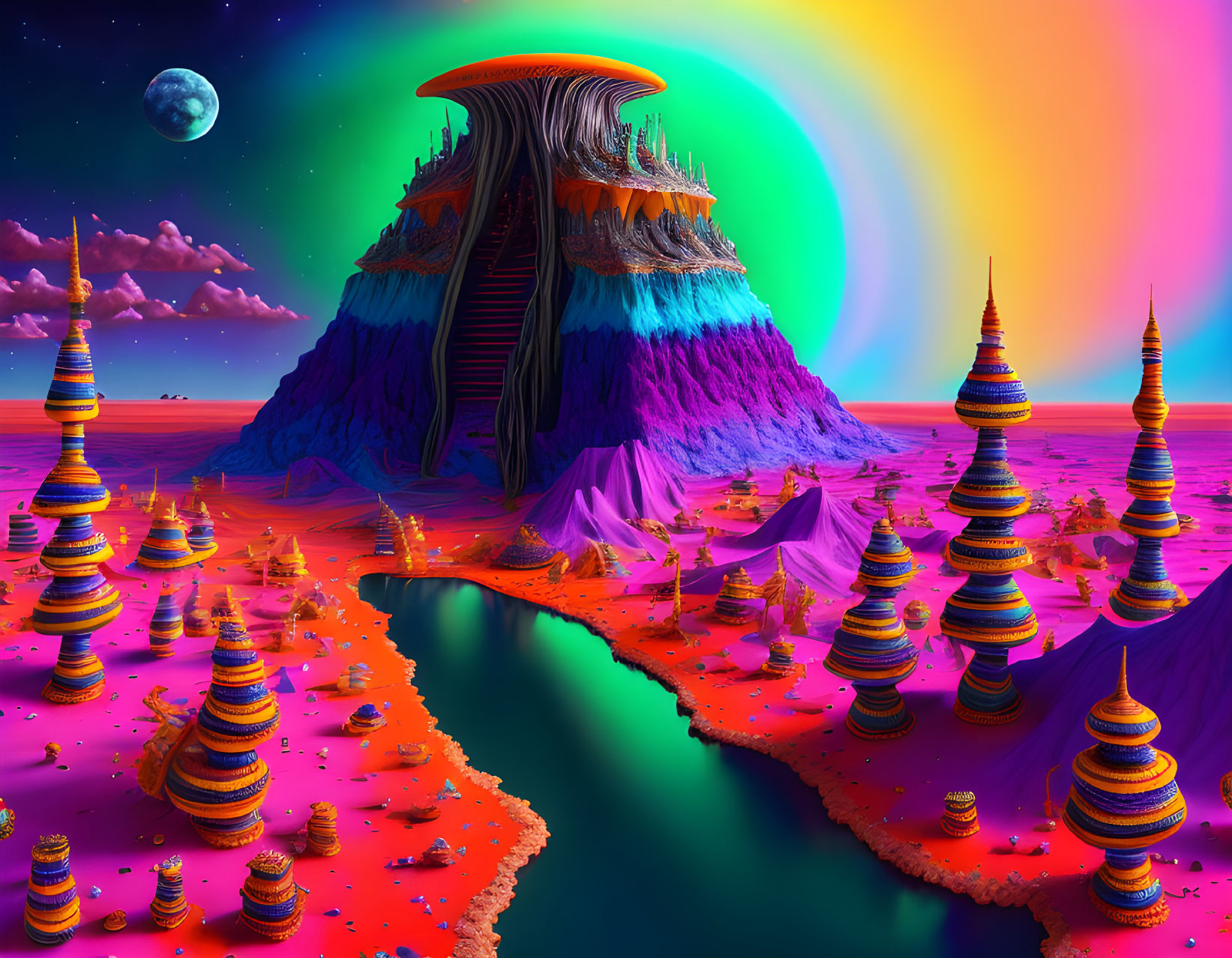 Colorful Surrealist Landscape with Spired Structures and Alien Mountain