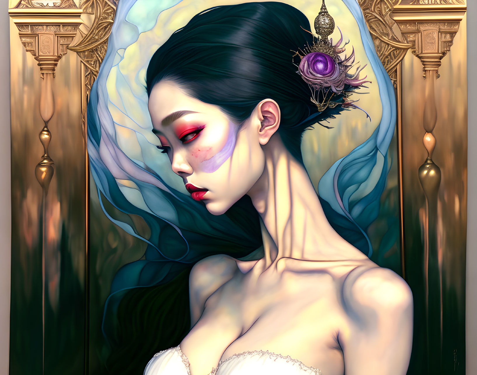 Stylized portrait of woman with dark hair and red eye makeup against ornate backdrop