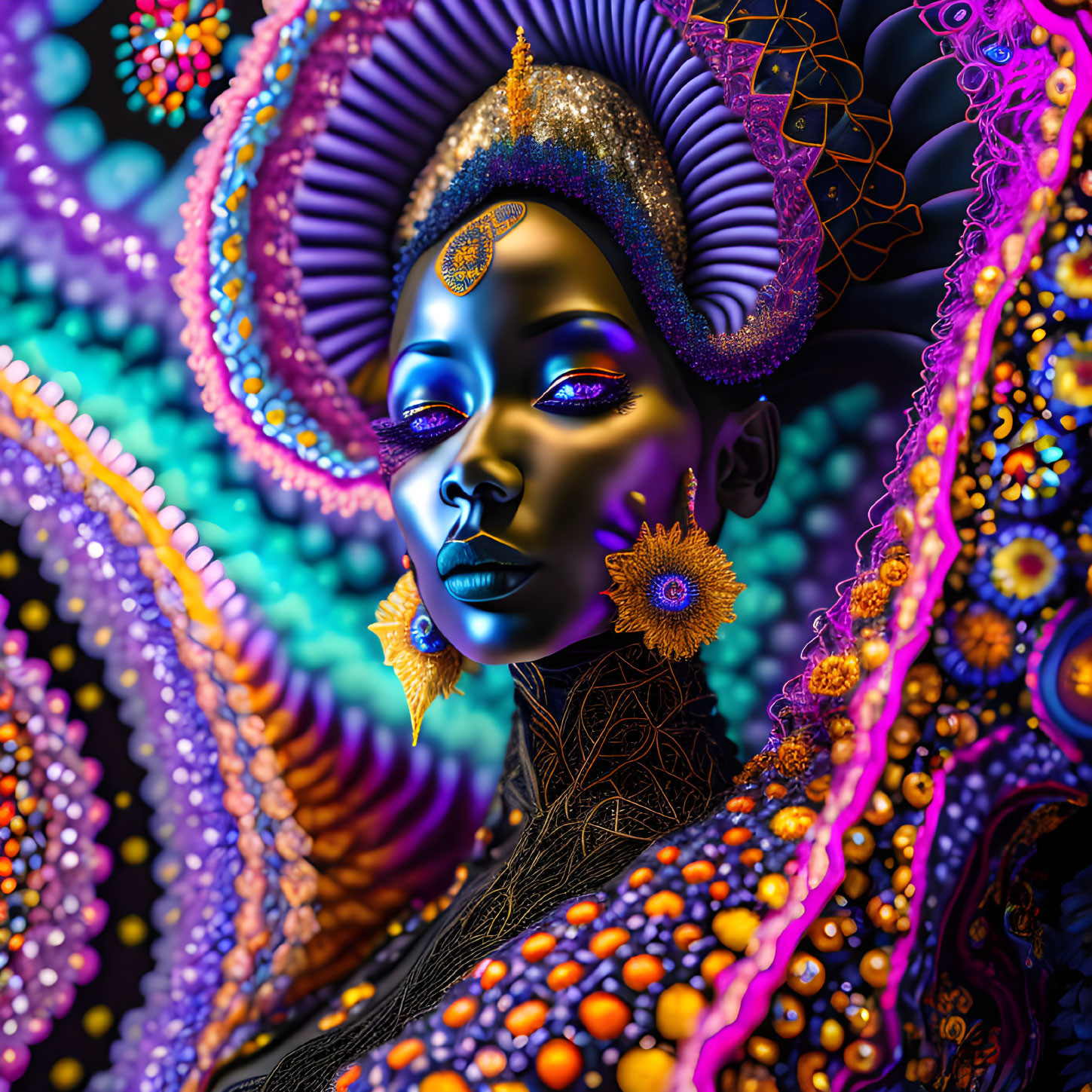 Colorful digital art of woman with blue skin and gold jewelry on psychedelic background