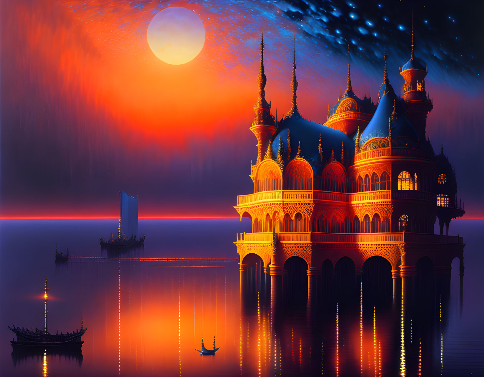 Ethereal palace with intricate spires under radiant moon by tranquil sea