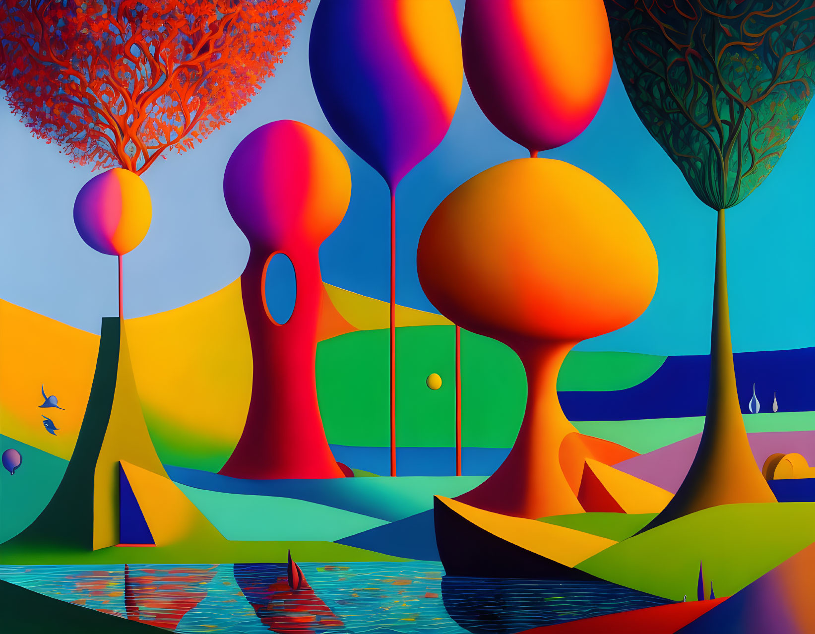 Colorful Abstract Landscape with Trees, Balloons, and Water Scene