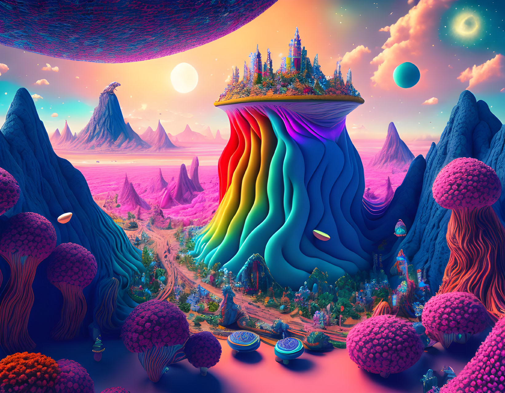 Colorful undulating terrain with oversized mushrooms and majestic castle in alien landscape