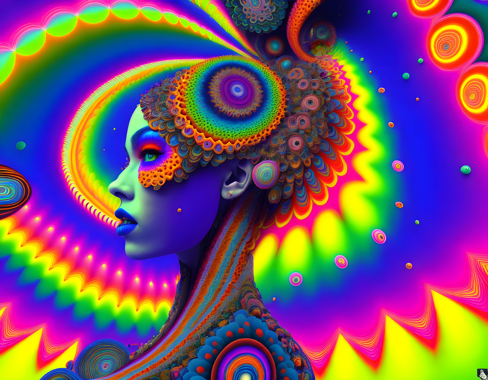 Blue-skinned woman with psychedelic fractal design in digital artwork