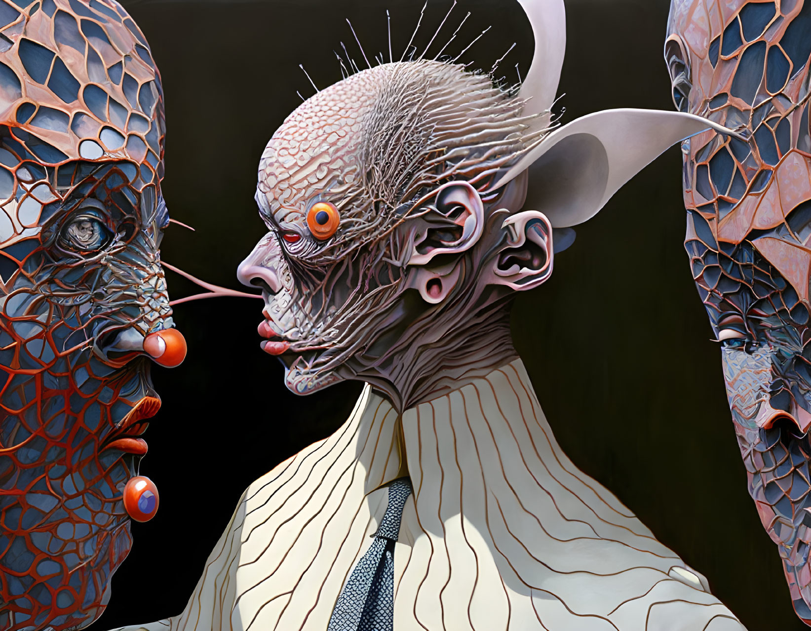 Vibrant surreal portrait of three humanoid figures with textured skin