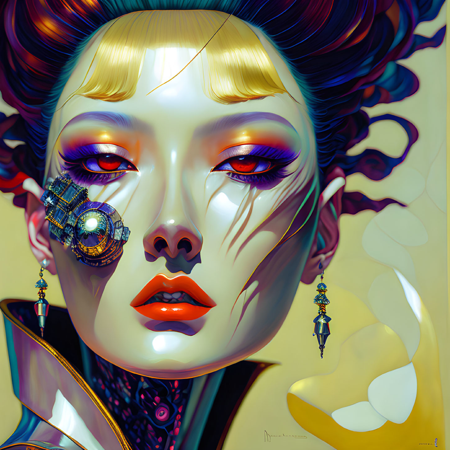 Elaborate Hair and Mechanical Eye in Portrait Against Golden Background