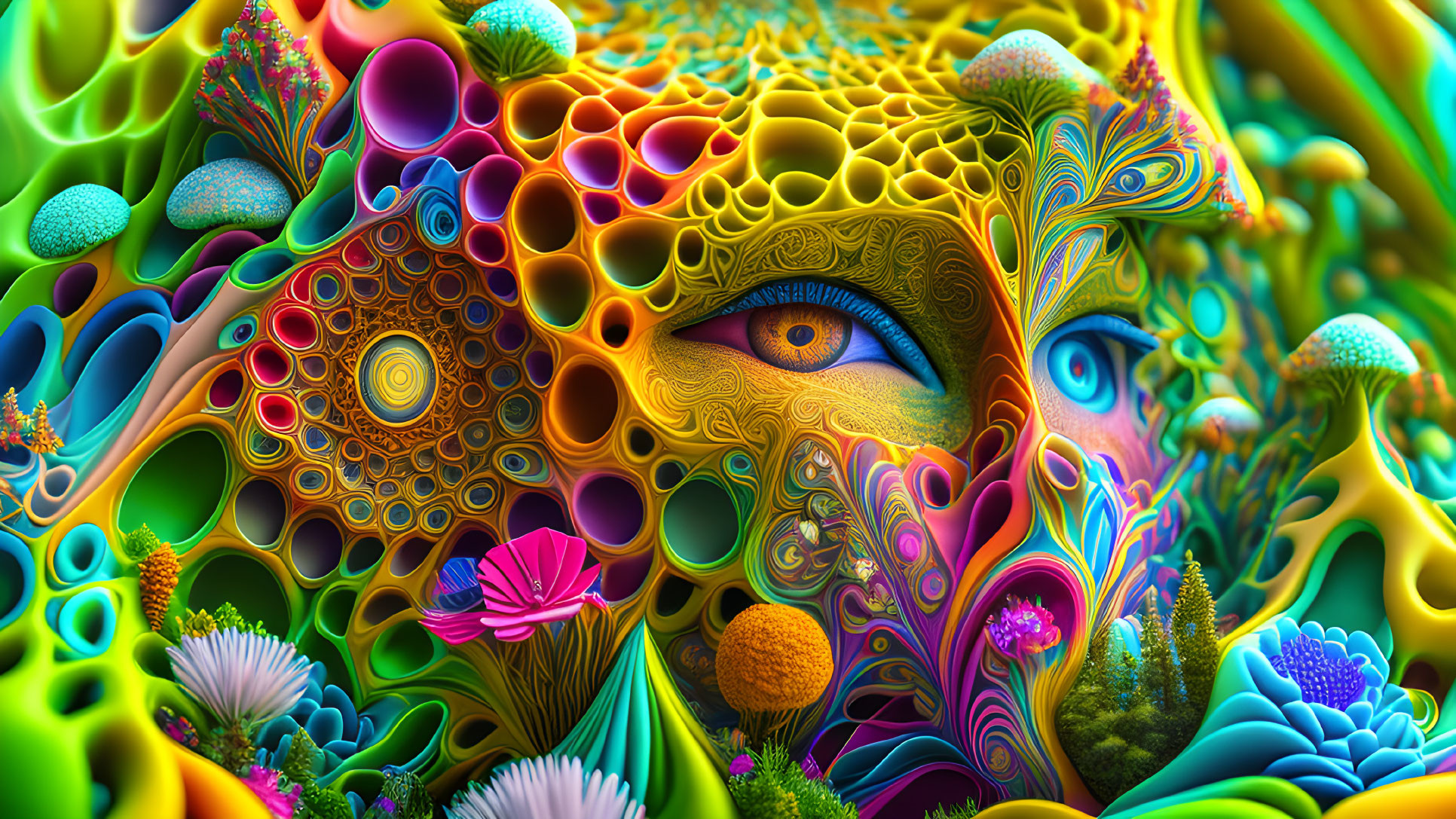 Colorful Psychedelic Digital Artwork with Central Eye and Alien Flora Patterns