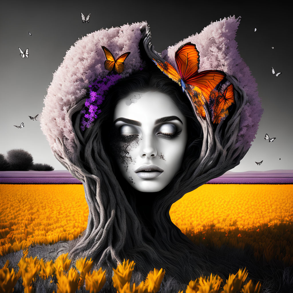 Woman portrait with tree bark texture and butterflies in surreal landscape