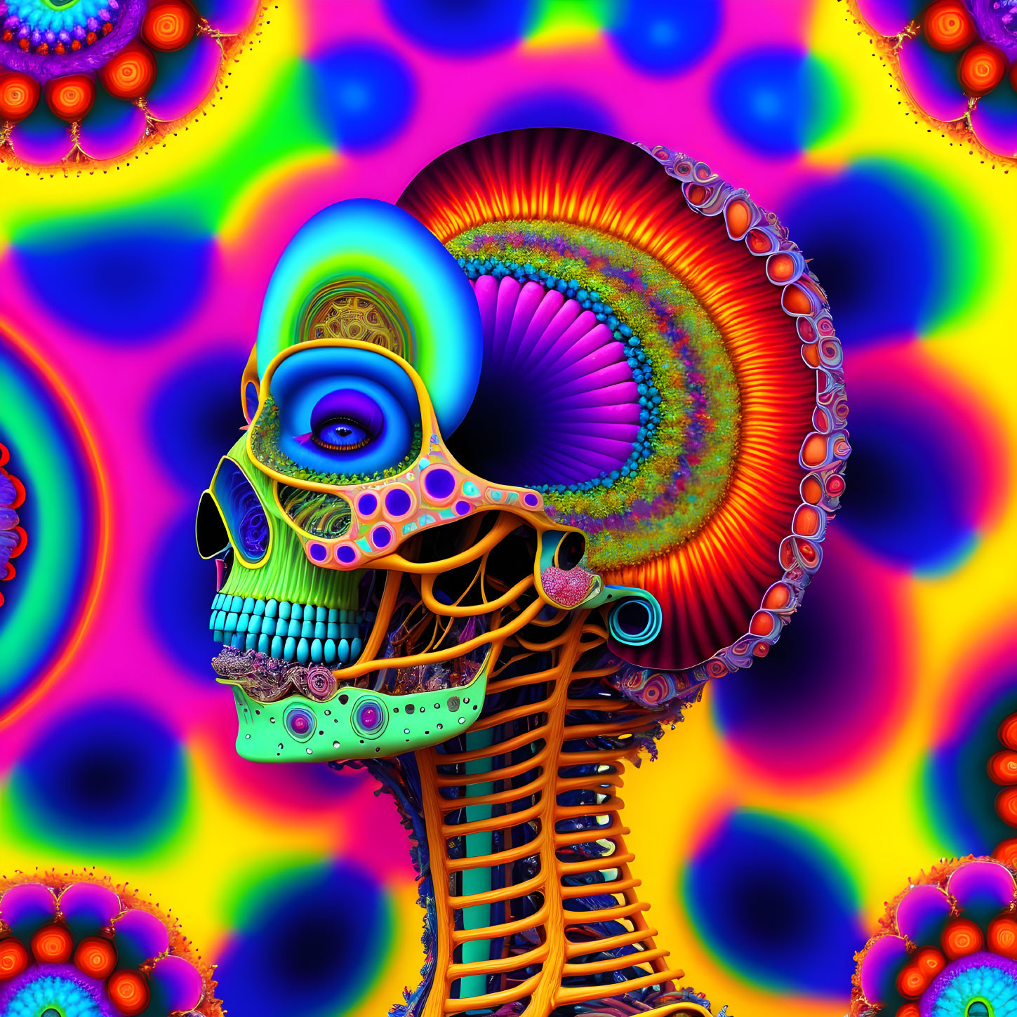 Colorful Psychedelic Skull with Extended Spine on Vibrant Background