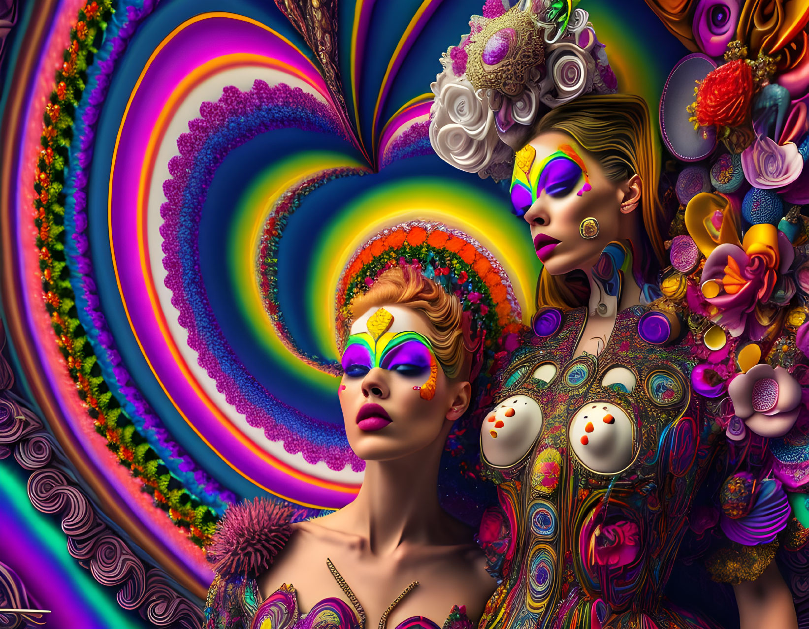 Colorful digital artwork: two figures in elaborate makeup and costumes on a kaleidoscopic background.