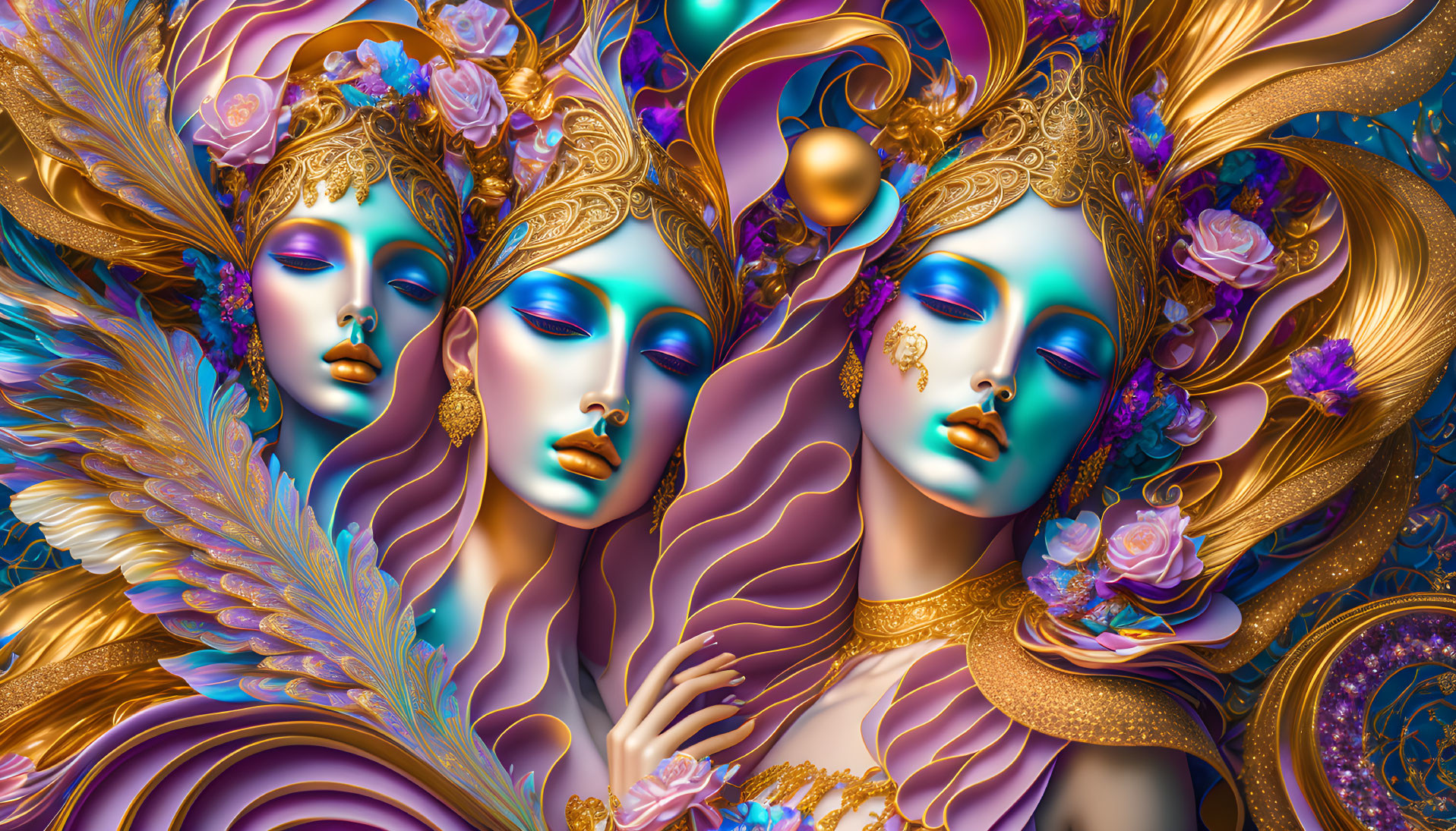 Three stylized female figures with blue skin, gold accents, and roses in their hair.