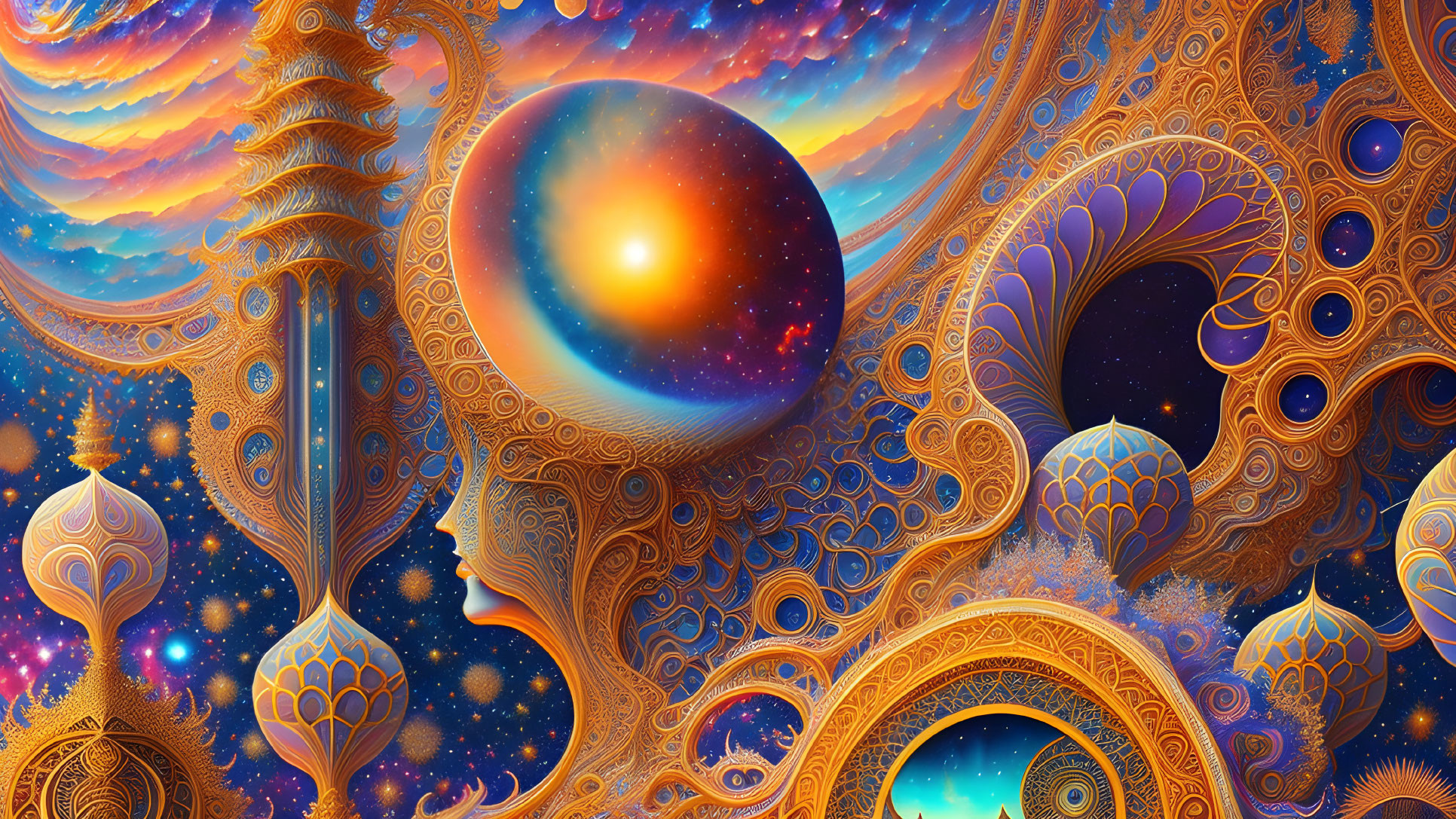 Surreal Landscape with Organic Shapes and Celestial Bodies