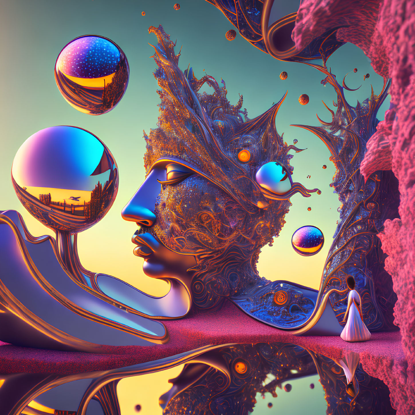 Metallic face, floating spheres, small figure by water - surreal artwork in purple sky