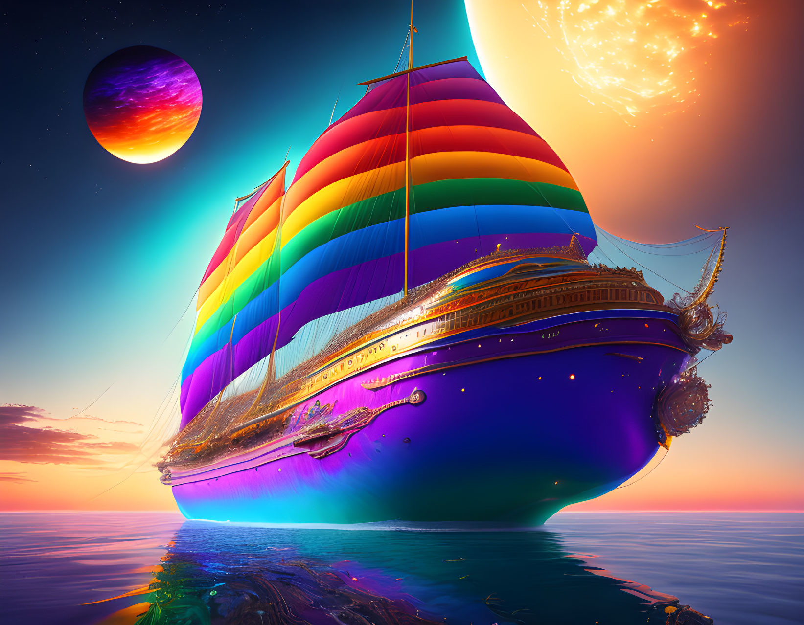 Colorful sailboat with golden trim on calm waters at sunset with oversized moon and fiery planet