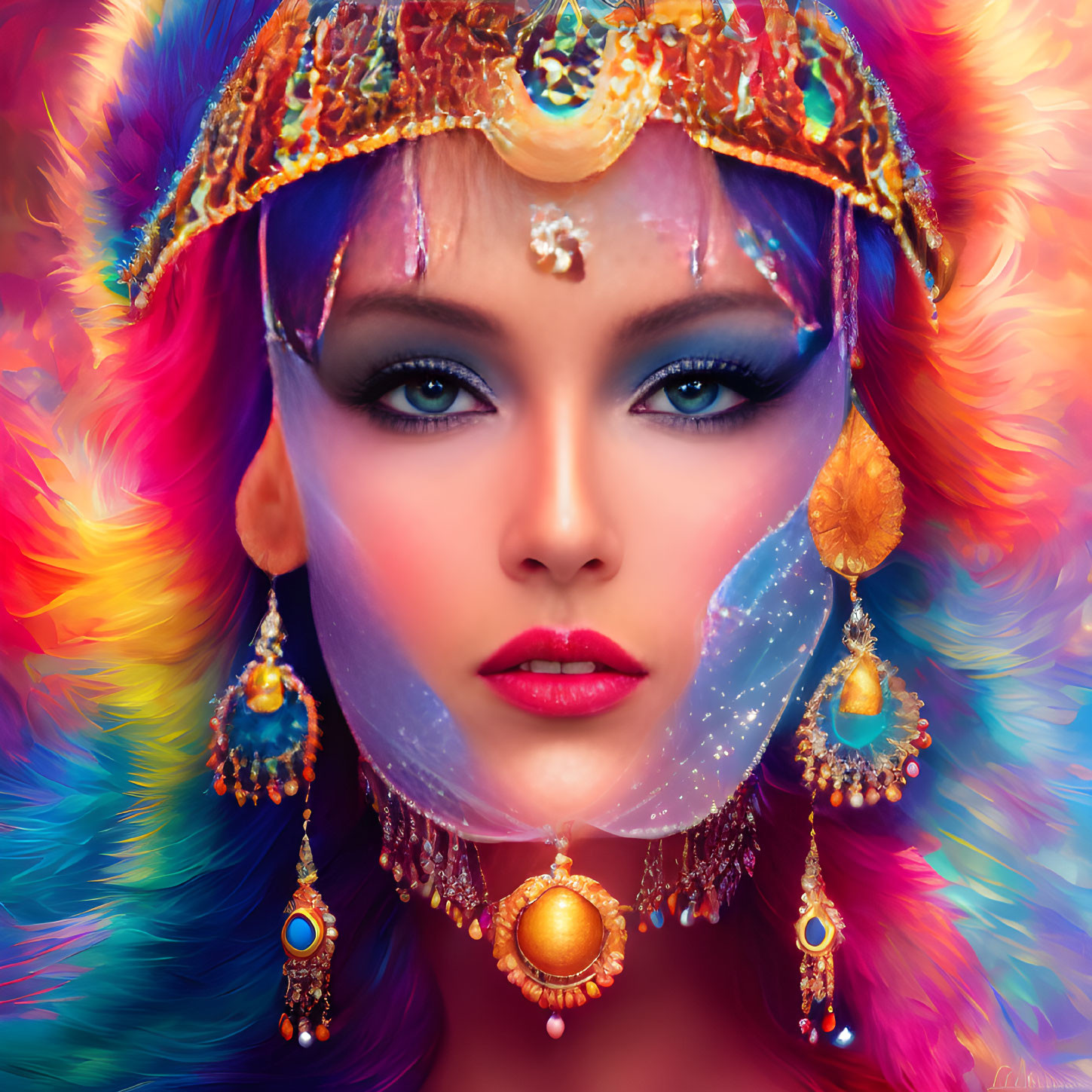 Vibrant digital portrait of a woman with colorful makeup and jewelry