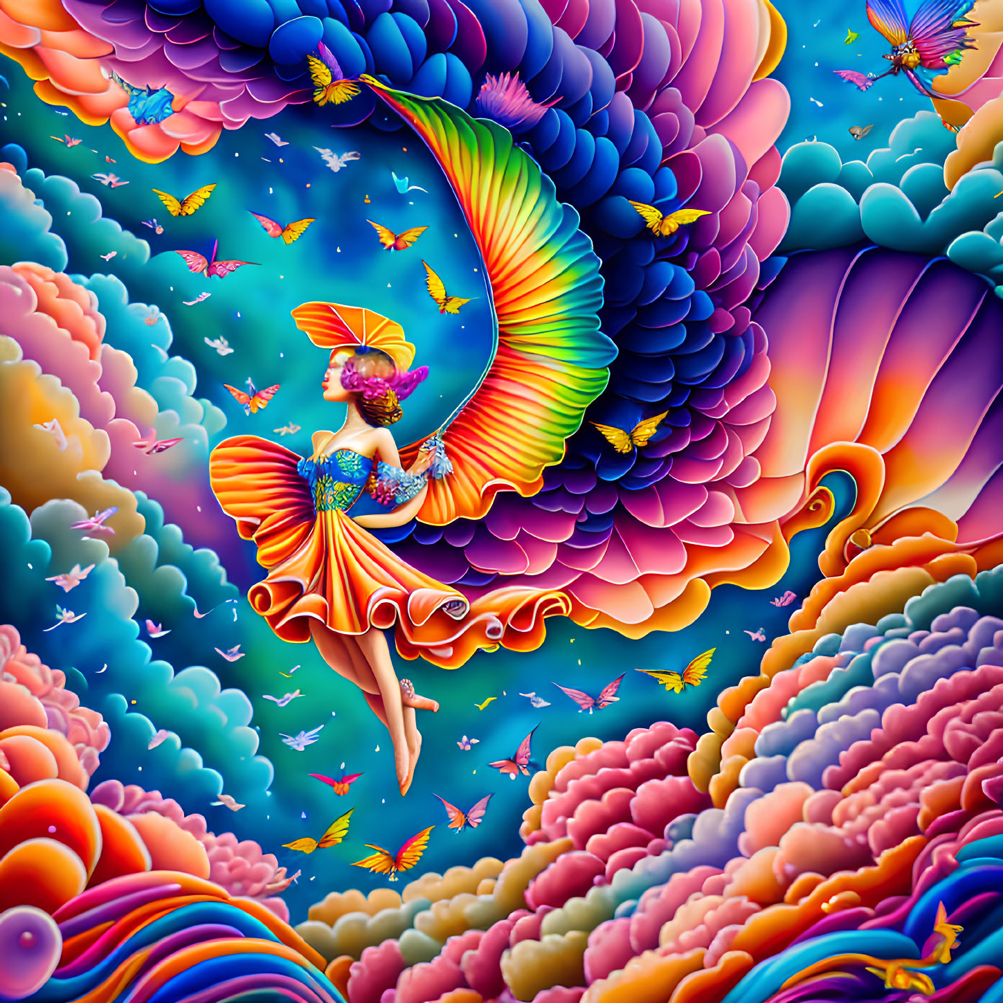 Colorful Woman with Bird-Like Wing in Fantasy Landscape