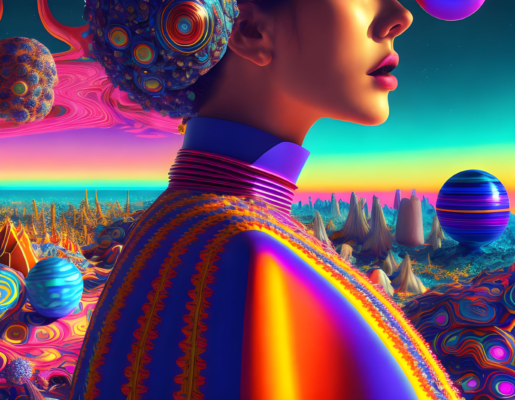 Colorful side profile of a woman with surreal neon landscape.